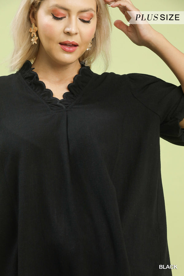P-Linen Blend Ruffle Neck Top
